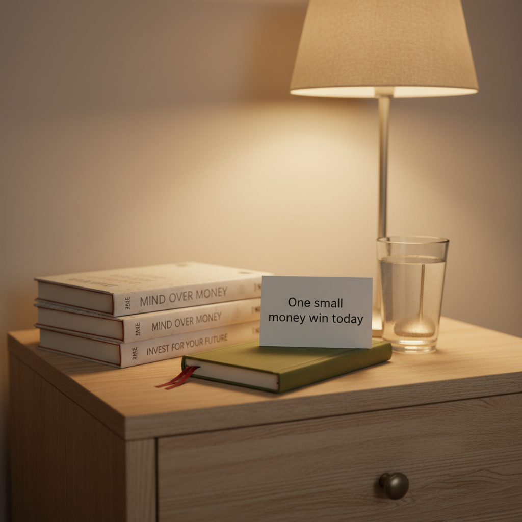 A serene bedside scene featuring a simple wooden nightstand against a soft neutral wall, holding a small stack of well-worn financial coaching books, a slim journal with a ribbon bookmark, and a glass of water catching faint reflections. On top of the journal, a minimalist card reads "One small money win today" in clean typography. A warm bedside lamp with a fabric shade casts gentle, golden light, creating a cozy pool of illumination and subtle vignetting around the edges of the frame. Photographic realism from a slightly low, angled perspective. The mood is comforting and reflective, suggesting that financial behavior change is integrated into everyday life, approached gently at the pace of the individual.
