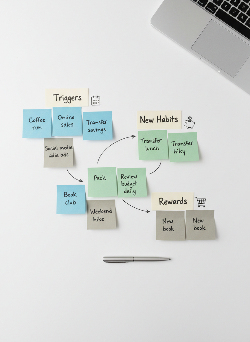 An overhead photographic view of a large, smooth white workspace where colorful sticky notes form a visual behavior-change map for finances. Notes in soft blues, greens, and taupes are grouped under headings like "Triggers", "New Habits", and "Rewards", written neatly on slightly larger cards. Small financial symbols—simple icons of a calendar, a piggy bank, and a shopping cart—are sketched beside the clusters. A slim, silver pen rests at the edge of the arrangement, and a closed laptop sits unobtrusively in the top corner. Soft, diffused studio lighting minimizes harsh shadows, creating a calm, analytic mood. The composition uses asymmetrical balance with sharp focus, conveying structured, non-judgmental exploration of money behaviors.