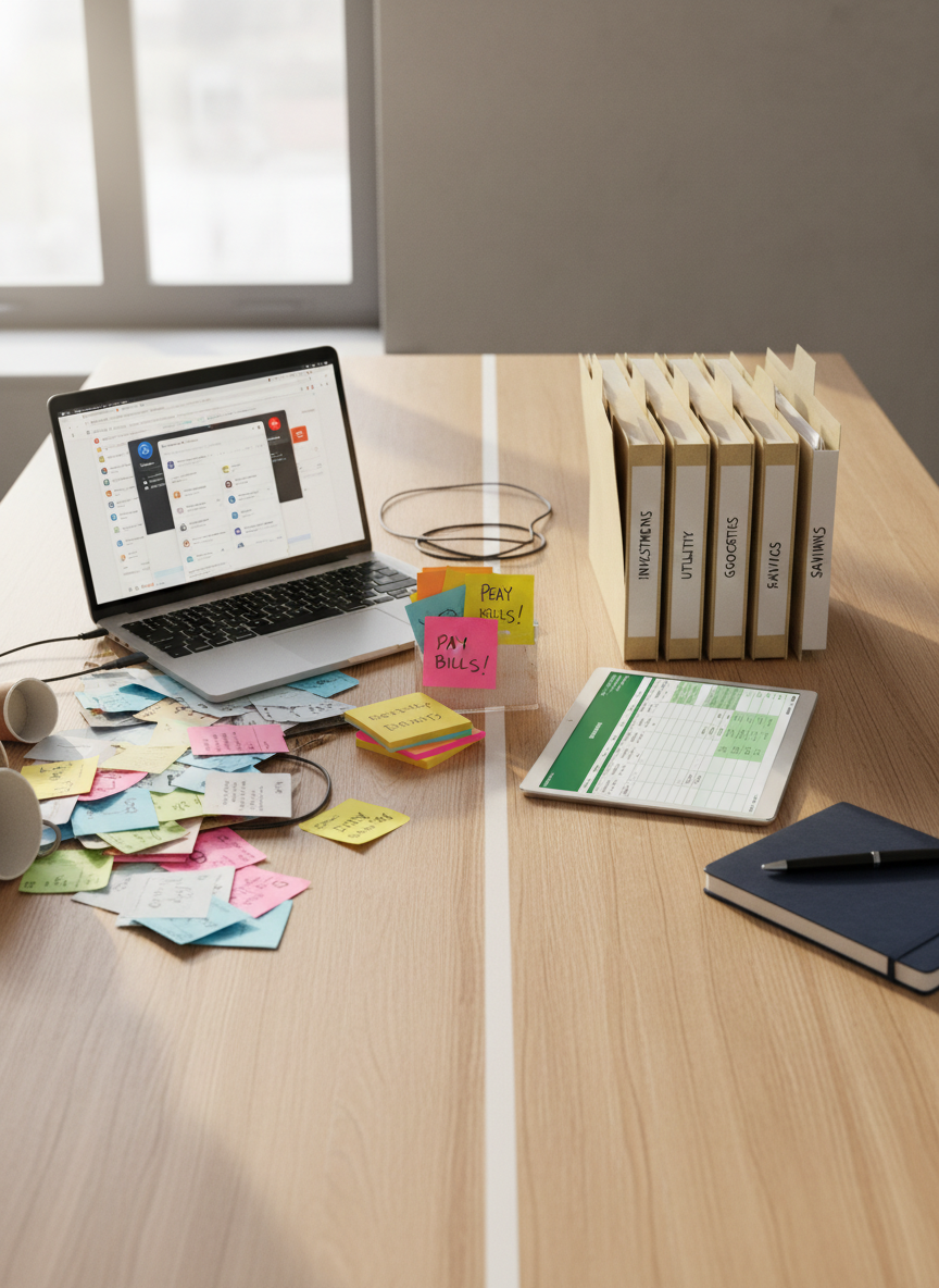 A clean wooden desk neatly divided into two halves by a slim white line, one side scattered with colorful receipts, open browser tabs on a laptop screen, and overflowing sticky notes, the other side organized with labeled budget folders, a simple spreadsheet on a tablet, and a closed notebook with a pen resting on top. Soft daylight from a nearby window washes the scene with a calm, neutral tone, creating gentle shadows and subtle reflections on the desk surface. Photographic realism, eye-level composition with a shallow depth of field, emphasizing the transformation from financial chaos to clarity. The mood is reassuring, professional, and judgment free, suggesting that order is achievable step by step.