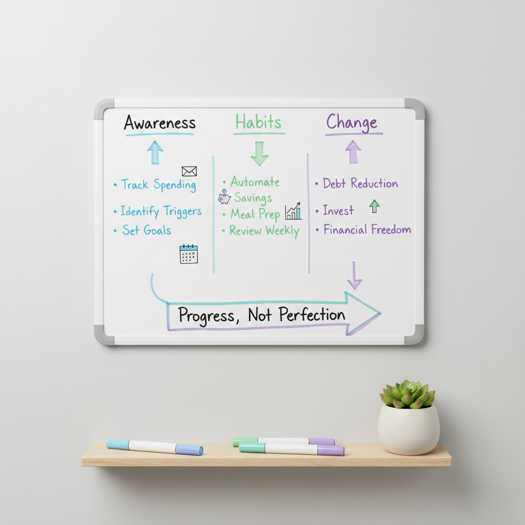 A close-up of a minimalist whiteboard mounted on a light gray wall, filled with a neatly hand-drawn behavioral budgeting roadmap. Color-coded columns labeled "Awareness", "Habits", and "Change" are connected by soft pastel arrows, alongside small icon-style sketches of envelopes, calendars, and simple bar charts. Below the board, a slim wooden ledge holds three uncapped pastel markers and a small, thriving green plant in a matte ceramic pot. Soft studio lighting creates even illumination with subtle shadows beneath the ledge. Photographic realism, straight-on composition with sharp focus throughout. The atmosphere is structured yet encouraging, conveying a practical, stepwise path to changing financial behavior without overwhelm.