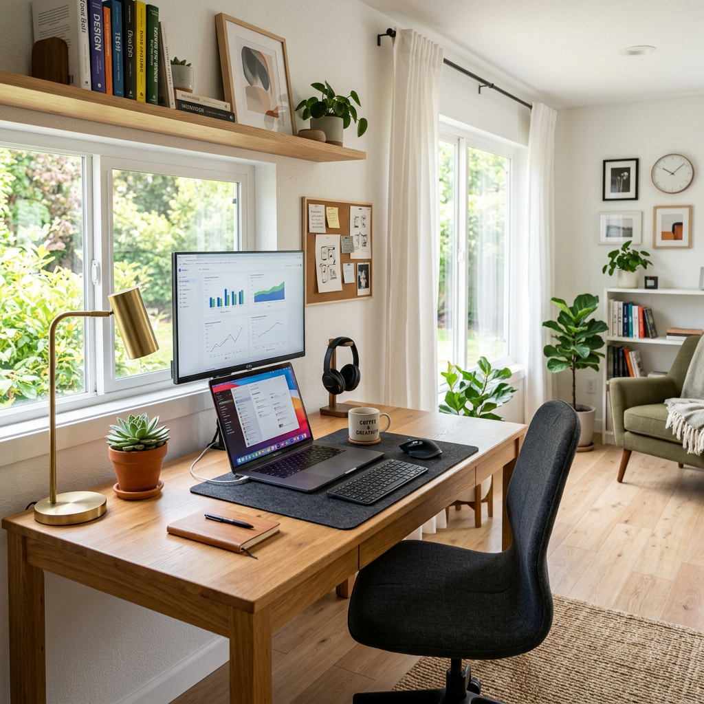 Home office desk with laptop, monitor showing charts, plants, and cozy decor