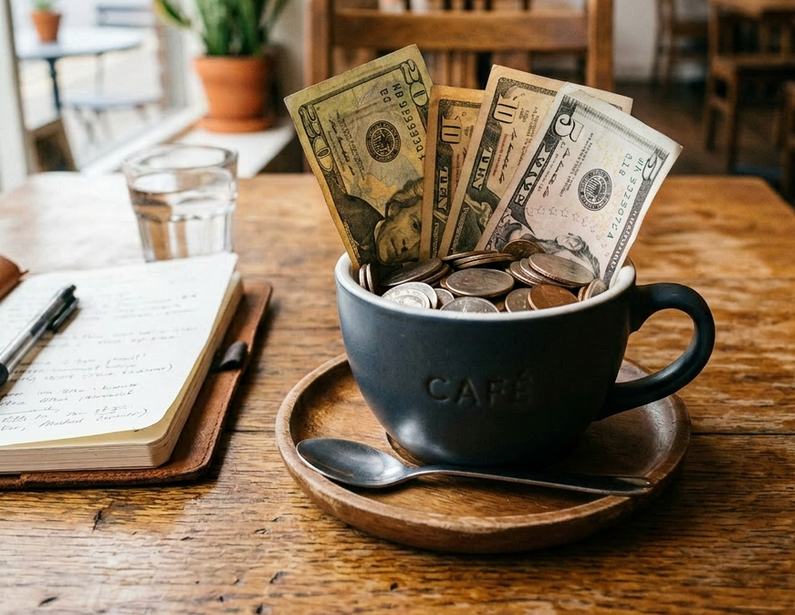 Coffee cup labeled 'CAFÉ' filled with coins and US dollar bills on wooden table